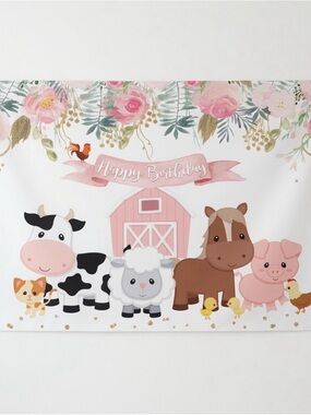 Farm Friends Pink 'Happy Birthday' Party Backdrop - 59” x 39”